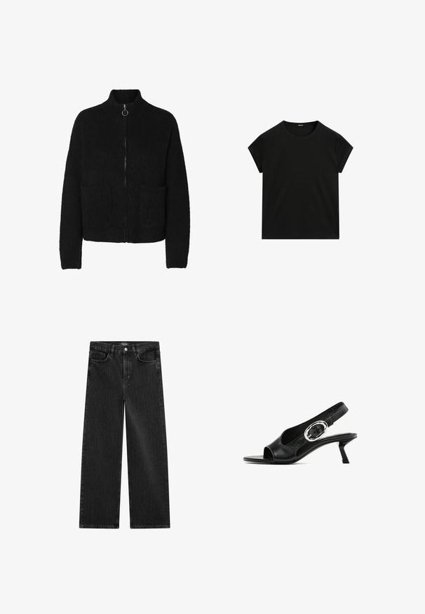 Černý zip-up svetr vyrobený z měkké, strukturované látky, s vysokým límcem a dvěma předními kapsami. Jednoduchý design s minimálními akcenty.; Černé tričko s krátkým rukávem a kulatým výstřihem s rovnými lemy, vystavené na bílé ploše.; Široké černé džínové kalhoty s jemným vertikálním pruhovaným vzorem, s pěti kapsami a klasickým zapínáním na knoflík v pase.; Černá kožená slingback obuv s otevřenou špičkou, s oválnou stříbrnou sponou na pásku a štíhlým klínovým podpatkem. Hladká textura.