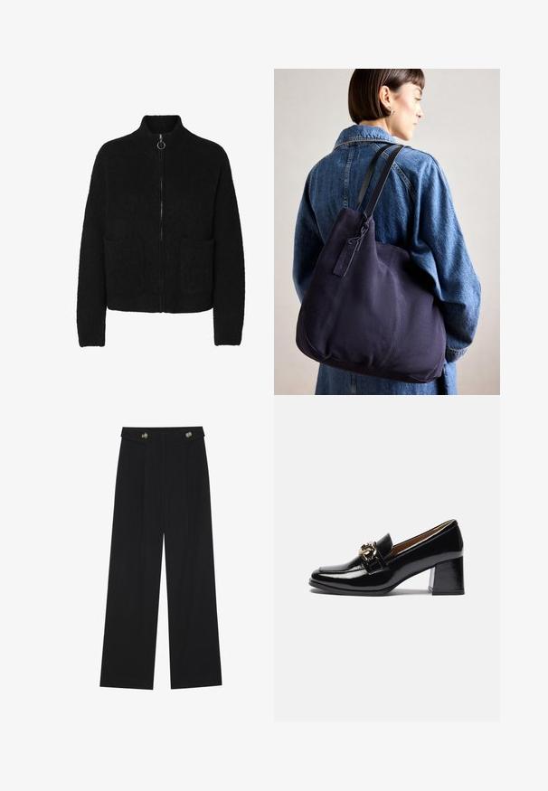 Juodas užtrauktukas kardiganas, pagamintas iš minkštos, tekstūruotos medžiagos, turintis aukštą apykaklę ir dvi priekinės kišenes. Paprastas dizainas su minimaliais akcentais.; Balta trumpa rankovė T-marškiniai, pagaminti iš minkštos medvilnės. Charakterizuojami apvali kaklo iškirpte ir laisvu siluetu. Švarus dizainas be matomų raštų ar akcentų.; Juodi plačios kojos kelnės su aukštu liemeniu, sagų detalėmis ant liemens ir priekinėmis raukšlėmis.; Juodi lakuoti odiniai loaferiai su padais, turintys apvalų pirštą, stambesnį kulną ir auksinės spalvos detalę priekyje ant dirželio.; Tamsiai mėlynas drobės petinis krepšys su minkšta, struktūruota forma, pasižymintis juodu diržu, siuvinėtomis detalėmis ir mažyčiu prekės ženklo žymekliu.