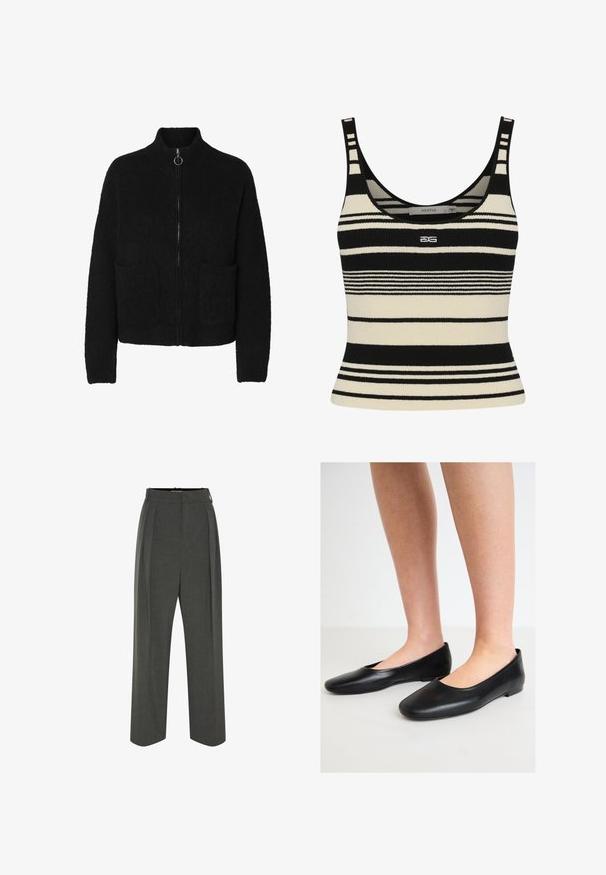 Fekete zipzáros kardigán, puha, texturált anyagból készült, magas gallérral és két elülső zsebből áll. Egyszerű kialakítás, minimális díszítéssel.; Fekete és krémszínű csíkos pántos felső, testhez simuló kialakítással, vastag vízszintes csíkokkal és középen elhelyezett logóval. Puha kötött textúra.; Szürke, magas derekú, fazonra szabott nadrág, pliszírozott részletekkel, széles lábszárral és sima felülettel. Diszkrét cipzárral záródik.; Fekete balerina cipők sima bőrből, lekerekített orral és alacsony, lapos talppal, slip-on kialakítással és látható fém részek nélkül.