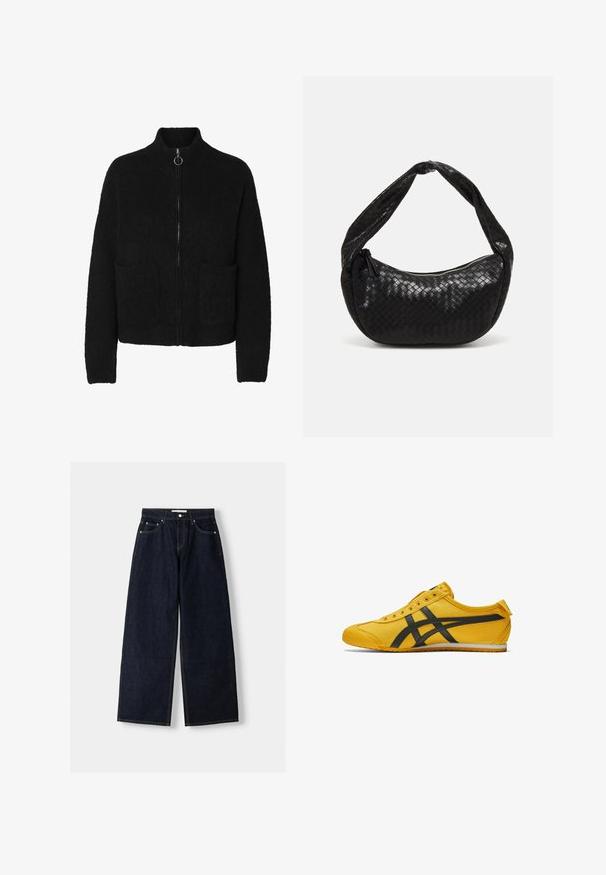Černý zip-up svetr vyrobený z měkké, strukturované látky, s vysokým límcem a dvěma předními kapsami. Jednoduchý design s minimálními akcenty.; Bílý krátký rukáv tričko vyrobené z bavlny. Má kulatý výstřih a volný střih. Hladký materiál bez viditelných vzorů nebo akcentů.; Tmavě modré džíny s širokými nohavicemi a vysokým pasem, pěti kapsami, kontrastním šitím a stříbrnými kovovými detaily. Hladká struktura a čisté provedení.; Žlutá plátěná bota s černými akcentními pruhy, kulatou špičkou a nízkým profilem. Má šest dírek, texturovanou tkaninu a gumovou podrážku.; Černá tkaná kožená kabelka s křivkovým tvarem, vybavená silnou rukojetí a zipovým zavíráním. Texturovaný povrch s lesklým finišem.