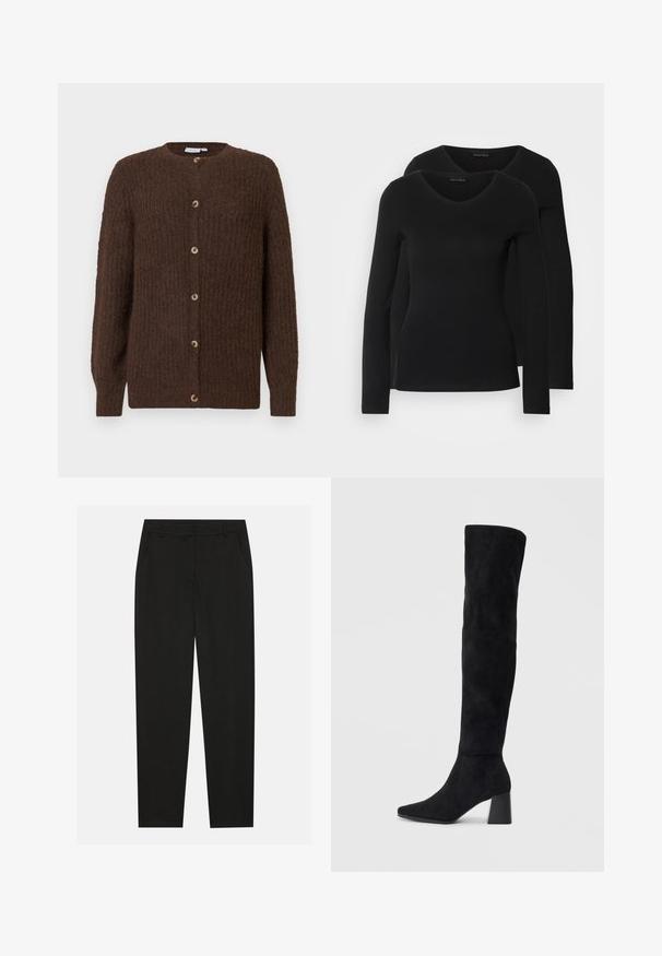 Rudas tekstūruotas megztinis su apykakle ir šešiais mygtukais priekyje, ilgos rankovės ir raukšlėtos rankogaliai.; Du į juodas ilgomis rankovėmis marškiniai su V formos iškirpte, pagaminti iš minkštos, tamprios medžiagos, rodantys lygią tekstūrą ir prigludusią formą.; Juodos kelnes su pritaikytu dizainu, turinčios šonines kišenes ir tiesią koją. Pagamintos iš lygaus, lengvo audinio su blizgiu paviršiumi.; Juoda zomšinė kelio ilgio batai su blokuotu kulnu, smailiu nosiu ir lygiu, be siūlių dizainu ant paprastos šviesios fono.