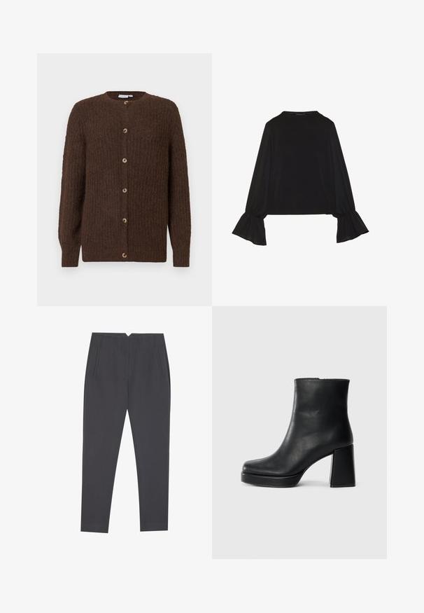 Brun strikket cardigan med struktur, rund hals og seks knapper foran, lange ermer og ribbestrikkede mansjetter.; Svart langermet topp med utsvingte mansjetter, myk tekstur og avslappet passform, med enkel rund hals.; Mørk grå tapered bukser med sidelommer og frontplystringer, designet for en skreddersydd passform.; Sorte skinnankelsko med blokkhæl og plattformsåle, sett fra siden på en enkel hvit bakgrunn.
