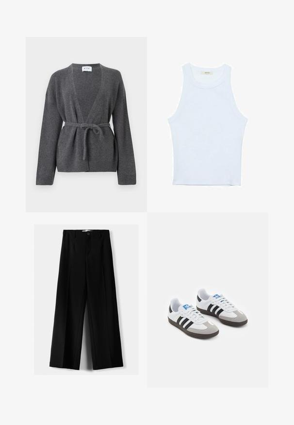 Temno siva kardigan z pasom, dolgimi rokavi, V-izrezom ter rebrastimi manšetami in robom, prikazan na beli podlagi.; Bela majica bez rukavov, rebrasta tekstura, okrugli izrez, kroj koji prati tijelo, suptilno brendiranje na etiketi unutar ovratnika.; Črne široke hlače iz lahkega materiala, z zapiranjem na gumb spredaj in ravnim sprednjim delom, s skrbno zašiti robovi.; Športni čevlji z belim usnjenim zgornjim delom, sivim semišem na prstih in tremi črnimi črtami. Imajo modro logo na jeziku in teksturiran gumijast podplat.