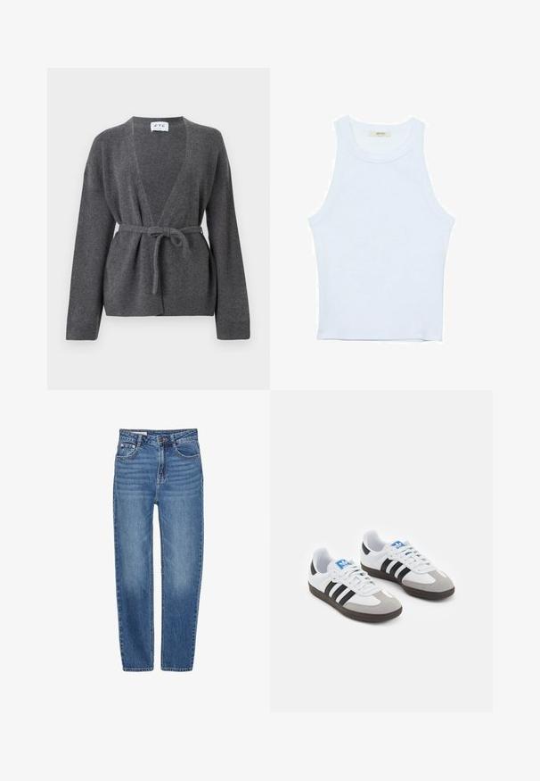 Dunkelgrauer, taillierter Cardigan mit langen Ärmeln, V-Ausschnitt sowie gerippten Bündchen und Saum, auf einem weißen Hintergrund präsentiert.; Weißes Tanktop, gerippte Textur, runder Ausschnitt, ärmelloses Design, enganliegende Form, dezente Markenkennzeichnung im Etikett im Kragenbereich.; Blaue Denim-Jeans mit geradem Bein, fünf Taschen und hoher Taille. Merkmale sind leichte Ausbleichungen und kontrastierende Nähte.; Sportschuhe mit einem Obermaterial aus weißem Leder, grauer Wildleder-Zehenkappe und drei schwarzen Streifen. Sie verfügen über ein blaues Logo auf der Zunge und eine strukturierte Gummisohle.