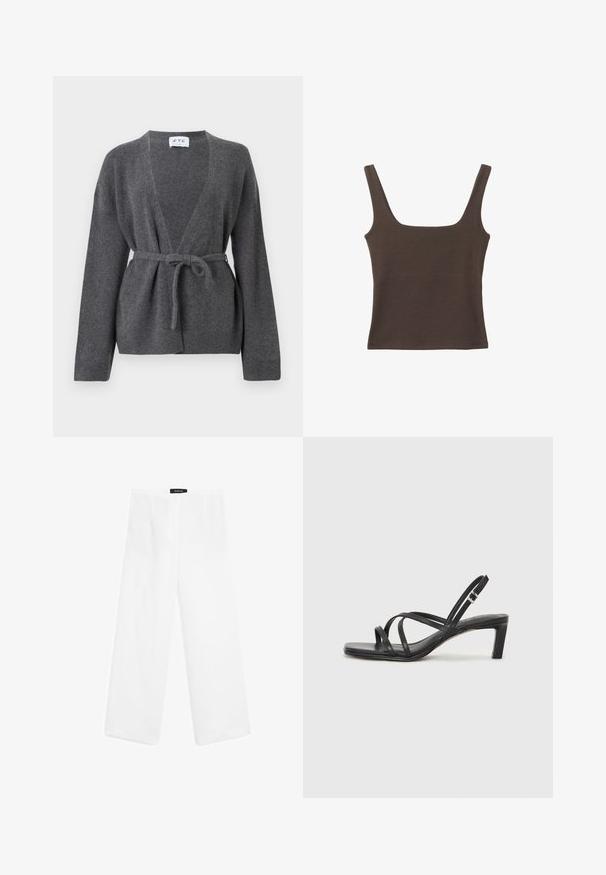 Mørkegrå bæltecardigan med lange ærmer, V-hals og ribbede manchetter og kant, præsenteret på en hvid baggrund.; Brun ærmeløs top med firkantet udskæring, lavet af blød, strækbar stof. Har et tætsiddende design og flade sømme.; Hvide linned bukser med vide ben og en glat tekstur, der har en mid-rise talje, to forlommer og et enkelt design.; Sort remsandale med firkantet tå og en lav blokeret hæl. Har flere tynde stropper og en justerbar ankelrem. Fremstillet af glat læder.