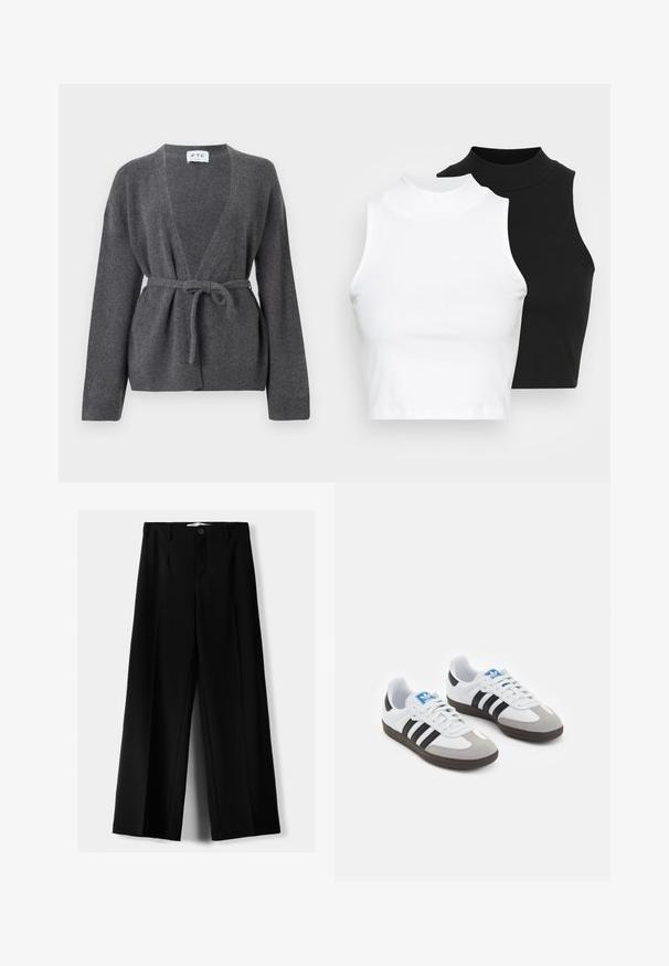 Ciemnoszary kardigan z paskiem, z długimi rękawami, dekoltem w serek oraz prążkowanymi mankietami i dolnym wykończeniem, prezentowany na białym tle.; Dwa bezrękawnikowe golfy w kolorze czarnym i białym, charakteryzujące się dopasowanym fasonem i gładką teksturą, o skróconej długości.; Czarne spodnie szerokie, wykonane z lekkiego materiału, z zapięciem na guzik z przodu i gładkim przodem, z starannie wykończonymi brzegami.; Buty sportowe z białą skórzaną cholewką, szarym zamszowym noskiem i trzema czarnymi paskami. Posiadają niebieskie logo na języku oraz teksturowaną gumową podeszwę.