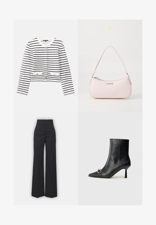 Csíkos kardigán krém és tengerészkék színben, kerek nyakkivágással, gombokkal és két elülső zsebbel. Az anyag texturált felületű, enyhe fénylő hatással.; Tengerészkék, hosszú ujjú ing gombos elülső résszel, hegyes gallérral és testhez álló fazonnal. Simább, könnyű anyagból készült.; Fekete anyagból készült, széles lábú nadrág, magas derékkal, letisztult kivitelben és sima textúrával. Nincs látható hardver vagy minta.; Fekete bőr bokacsizma hegyes orral, vékony közép magasságú sarokkal és ezüst csattal az oldalon, sima háttér előtt.; Rózsaszín bőr kézi táska ívelt dizájnnal, cipzáros záródással és vállpánttal. Elöl ezüst logó található.