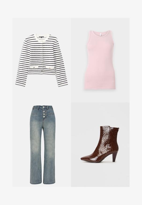 Striped cardigan in cream and navy, featuring a round neckline, buttons, and two front pockets. Material has a textured finish with subtle shimmer.; Light pink tank top made of soft, stretchy fabric. Features a round neckline and narrow shoulder straps, with a smooth texture and fitted shape.; Light blue denim wide-leg jeans with a high waist, five-button closure, and two front pockets. Smooth texture with subtle fading.; Brown faux leather ankle boots with a pointed toe, crocodile texture, and a 5 cm stacked heel. Side opening with no visible hardware.