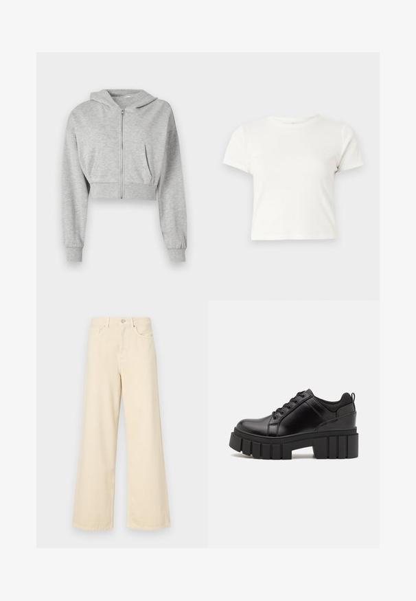 Haut de survêtement gris court en tissu doux, avec une fermeture éclair à l'avant, des manches longues et deux poches avant. Texture lisse, capuche ajustable.; T-shirt blanc court en coton avec des manches courtes, un col rond et un ourlet droit, présentant une texture lisse et un design minimal.; Jean large beige en coton. Doté d'une fermeture à bouton, de passants de ceinture et de poches avant avec une texture douce et lisse.; Chaussures à plateforme en cuir noir avec un talon bloc épais, bout rond et un design traditionnel à lacets. Elles présentent une texture lisse et un détail minimal.