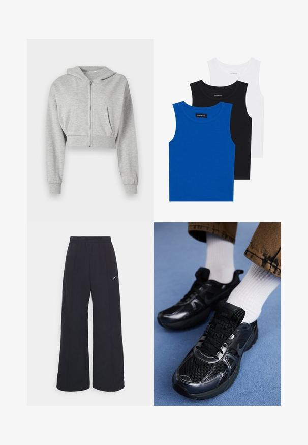 Sudadera gris corta hecha de tela suave, con cremallera frontal, mangas largas y dos bolsillos frontales. Textura suave, capucha ajustable.; Tres camisetas sin mangas en azul, negro y blanco. La tela es acanalada con un escote redondo. Cada camiseta tiene una etiqueta con la inscripción "even&odd."; Pantalones de pierna ancha negros con una cintura elástica y un pequeño logo blanco de Nike. La tela tiene una textura suave, diseñada para la comodidad y el uso casual.; Zapatillas Nike negras con materiales de malla y sintéticos, con parte superior texturizada, cordones negros y suelas de goma duraderas. Calcetines blancos acanalados visibles.