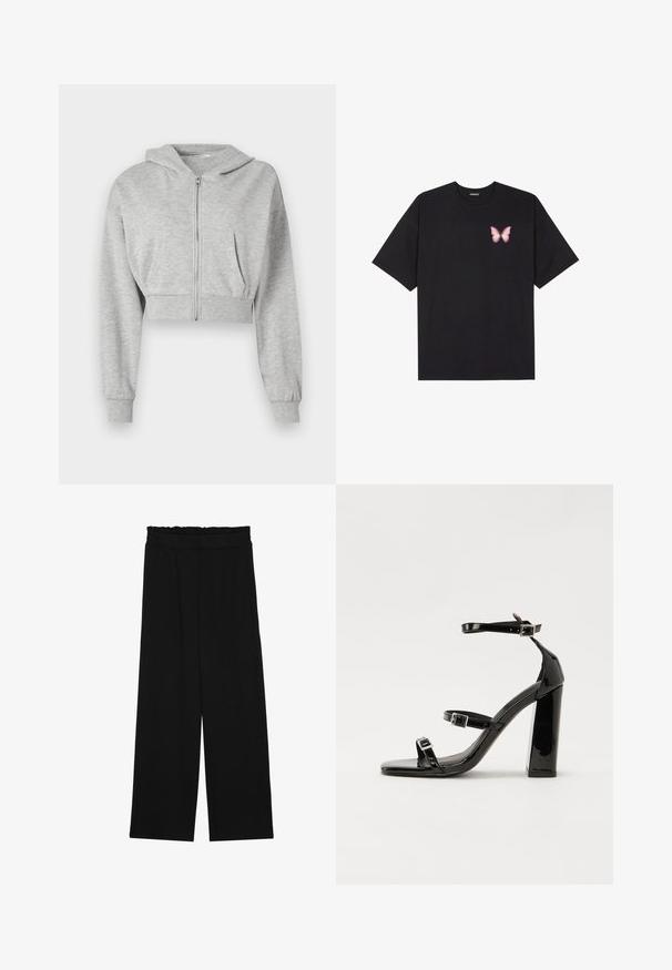 Grå cropped hettegenser laget av myk stoff, med glidelås foran, lange ermer og to frontlommer. Jevn tekstur, justerbar hette.; Svart bomulls T-skjorte med korte ermer, med en liten rosa sommerfugl grafikk på venstre bryst. Crew-neck design med en avslappet passform.; Svarte vide bukser med rynket liv, med to sidelommer og et glatt, lett stoff. Ingen synlige mønstre eller metalldeler.; Svart høyglans sandaler med hæl, firkantet tå, ankelremmer og sølvspenner. Har en kraftig blokkhæl for stabilitet.