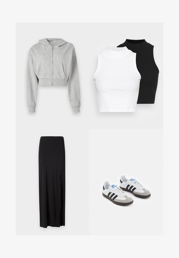 Sudadera gris corta hecha de tela suave, con cremallera frontal, mangas largas y dos bolsillos frontales. Textura suave, capucha ajustable.; Dos tops sin mangas de cuello alto en negro y blanco, con un diseño ajustado y una textura suave, de longitud cropped.; falda maxi negra hecha de un material suave y elástico. Cuenta con una abertura lateral y un diseño simple y estilizado sin adornos.; Zapatillas deportivas con parte superior de piel blanca, puntera de ante gris y tres rayas negras. Presentan un logo azul en la lengüeta y una suela de goma texturizada.