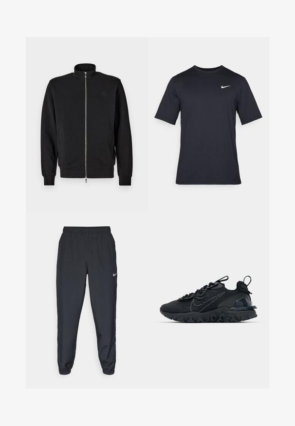 Črna zip-up jopica z visokim ovratnikom, rebrastimi manšetami in stranskimi žepi. Mehka tkanina z diskretnim embosiranim logotipom na prsih.; Črna kratkotrajna majica Nike iz gladkega materiala, z belim logotipom Swoosh na zgornji levi strani, okrogel izrez.; Črne trenirke iz lahkega materiala z elastičnim pasom, manšetami na gležnjih in diskretnim logotipom Nike na levi strani.; Črne športne čevlje z zračno mrežno zgornjim delom, strukturiranimi dodatki in valovitim gumijastim podplatom. Imajo odsevni logo in sistem vezalk.