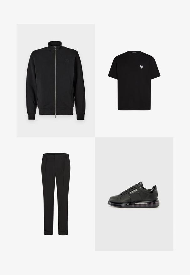 Juodas zip-up džemperis su aukštu apykakle, raukšlėtomis rankovėmis ir šoninėmis kišenėmis. Minkšta medžiaga su subtiliu įspaustu logotipu ant krūtinės.; Juodas medvilninis marškinėliai su trumpomis rankovėmis, apvaliu iškirpimu ir mažos baltos širdelės grafika kairėje krūtinės pusėje.; Juodi kelnių su elastinga juosmena, tiesaus kirpimo ir sukurtomis rankovėmis. Pagaminti iš lygaus, audinio be raštų.; Juodi sportiniai bateliai su lygiu odiniu apdailu, suapvalintu nosiu ir raištelių dizainu. Ypatybės apima skaidrų, paminkštintą pado su tamsiu gradientu.