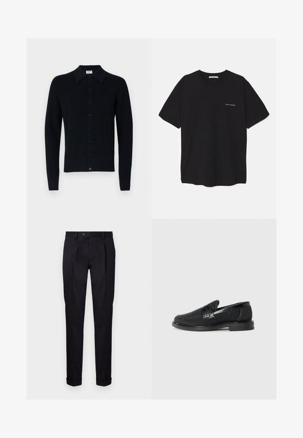 Tmavomodrý rebrovaný cardigan s vykrojeným golierom, predným zapínaním na gombíky, dlhými rukávmi a hladkou textúrou. Jednoduchý dizajn bez vzorov.; Čierne bavlnené tričko s okrúhlym výstrihom, krátkymi rukávmi a bielou potlačou loga na ľavej hrudi. Jednoduchý, jednoliaty dizajn.; Upravené čierne nohavice vyrobené z hladkej látky, s plochým predným dielom, dvoma prednými záhybmi a manžetami na leme pre čistý a štruktúrovaný vzhľad.; Čierne tkané slip-on topánky s hladkým koženým akcentom na vrchnej časti, s okrúlym dizajnom špičky a nízkoprofilovou gumovou podrážkou.