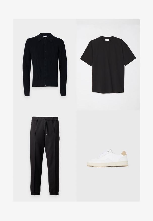 Tamsiai mėlynas raiščiuotas kardiganas su smailiu apykaklės dizainu, priekyje užsegamas mygtukais, ilgomis rankovėmis ir lygiu paviršiumi. Paprastas dizainas be raštų.; Juodas medvilninis marškinėlis su apvaliu kaklu, trumpomis rankovėmis ir laisvu siluetu. Paprastas dizainas, lygus paviršius ir be matomų raštų ar logotipų.; Juodos kelnės su juosmeniu, raišteliu ir elastingais rankogaliais. Yra raukšlės ir lygus, tekstūruotas audinys.; Baltos žemos sportbačiai su tekstūruota odine viršutinė dalimi, kreminė banguota priekiu ir ruda kulno akcentu. Yra baltos raištelės ir logotipas ant kulno.