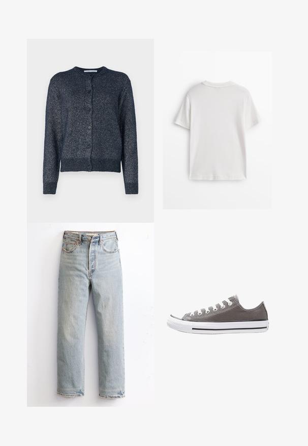 Cardigan blu navy con collo rotondo, maniche lunghe, chiusura con bottoni e un tessuto morbido e testurizzato con una leggera lucentezza.; Maglietta bianca in cotone con maniche corte, collo rotondo e tessuto liscio. Il retro è semplice, senza motivi o disegni aggiuntivi.; Jeans in denim azzurro chiaro con design a gamba dritta, caratterizzati da orlo strappato, rivetti di rame e stile classico a cinque tasche.; Sneaker in tela grigia con suola in gomma bianca, striscia nera e occhielli in metallo. Presenta punta rotonda, design a bassa altezza e tessuto testurizzato.
