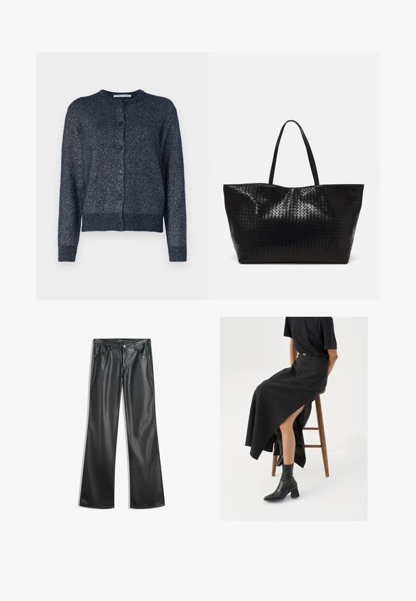 Donkerblauwe cardigan met een ronde hals, lange mouwen, knoopsluiting en een zachte, gestructureerde stof met een subtiele glans.; Transparante blouse met lange mouwen in een rode en oranje bloemenprint, met een kraag en striksluiting. Voorzien van geraffineerde mouwen met trekkoordaccenten.; Zwarte nep leren flared broek met een gladde textuur, vijf zakken, ritssluiting aan de voorkant en contrasterende stiksels.; Zwarte linnen maxi rok met een hoge split, gedragen met een zwart T-shirt en zwarte enkellaarsjes. Minimalistisch ontwerp met een relaxte pasvorm.; Zwarte geweven schoudertas met twee stevige handvatten, met een glanzende textuur en een ruime open bovenkant.