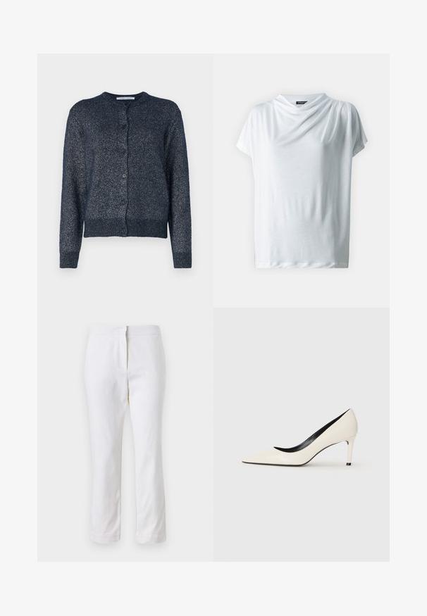 Námornícky modrý kardigán s okrúhlym výstrihom, dlhými rukávmi, zapínaním na gombíky a mäkkou, textúrovanou tkaninou s jemným leskom.; Biela krátka blúzka s voľným výstrihom, vyrobená z ľahkej tkaniny. Hladká textúra, uvoľnený strih a žiadne viditeľné vzory ani akcenty.; Biele bavlnené nohavice so striedmym strihom, s pásom strednej výšky a bez viditeľných kovových prvkov alebo vzorov. Hladká textúra po celom obvode.; Biele lakkované vysoké podpätky s ostrou špičkou, úzkym podpätkom a čiernym interiérovým detajlom. Hladká textúra a elegantný dizajn.