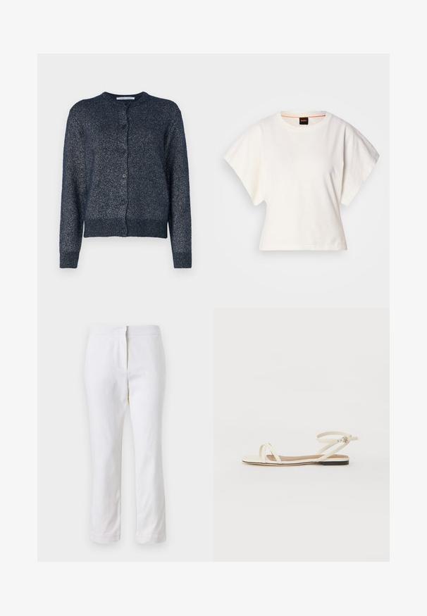 Tengerészkék kardigán kerek nyakkal, hosszú ujjakkal, gombos záródással, valamint puha, textúrált anyaggal, amely enyhe csillogást kölcsönöz.; Fehér, rövid, bő ujjú, crop szabású póló, puha pamut anyagból, kerek nyakkivágással, finom narancssárga díszítéssel, minimalista dizájn, minta vagy grafika nélkül.; Fehér pamut nadrág egyenes lábformával, közepes derékkal, látható fémrészek vagy minták nélkül. Sima textúra az egész anyagon.; Krém színű bőr lapos szandálok vékony keresztpántokkal, csattal ellátott bokapánt, minimalista dizájn és kontrasztos fekete talp.