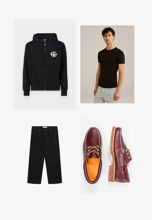 Čierna zipsová mikina s predným vreckom, rebrovanými manžetami a lemom. Obsahuje biely grafický dizajn na ľavej strane hrude. Vyrobená z bavlneného zmesi.; Čierne tričko s krátkym rukávom a okrúhlym výstrihom, vyrobené z hladkého a elastického materiálu. Strih je priliehavý, navrhnutý tak, aby sa prispôsobil telu.; Čierne široké džínsy z denimovej tkaniny, s predným zapínaním na gombík, pútkami na opasok a vreckami. Hladká textúra, minimalistický design.; Bordové kožené topánky s hnedými gumovými podrážkami, okrúhlou špičkou, bielym prešívaním a zlatými kovaniami. Interiér má žlté podšívku.
