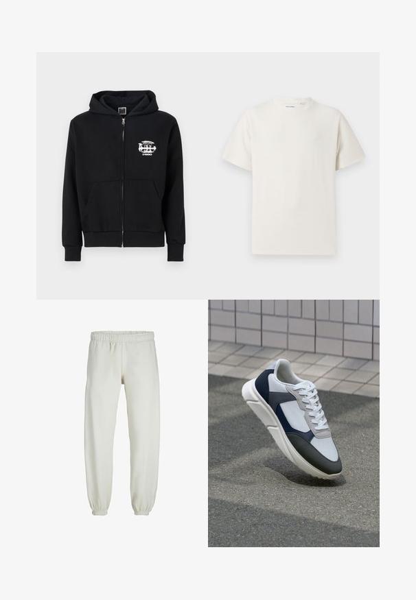 Fekete zipzáras kapucnis pulóver, elülső zsebbel, bordás mandzsettákkal és szegéllyel. A bal mellkas részén fehér grafikai tervezés található. Pamut keverékből készült.; Fehér, rövid ujjú póló bordázott textúrával. Kerek nyakkivágás, laza szabás, nincs látható minta vagy díszítés. Egyszerű és sokoldalú dizájn.; Fehér melegítőnadrág, puha anyagból készült, rugalmas derékrésszel és mandzsettával, sima tapintású és laza szabású.; Fehér, tengerészkék és szürke sneaker vegyes anyagokból készült dizájnnal, amely textúrázott felsőrésszel, lapos fűzőkkel és párnázott talppal rendelkezik.