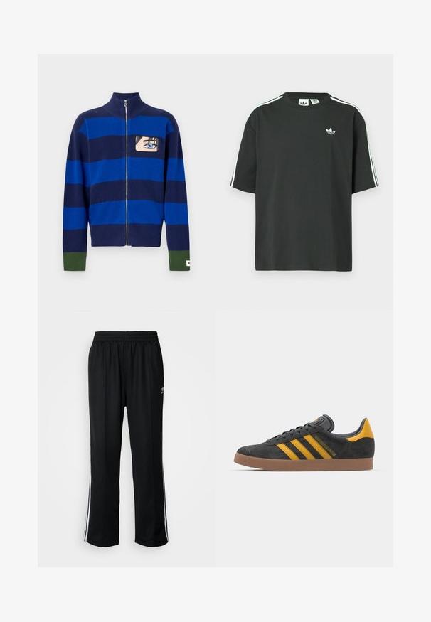 Zila un tumši zila svītrota džemperis ar rāvējslēdzēju un augstu apkakli, ar karikatūras acs dizainu uz krūšu un zaļiem akcentiem uz piedurknēm.; Melna kokvilnas T-krekls ar īsām piedurknēm, apaļu kakla izgriezumu un baltām trim svītrām uz pleciem. Uz krūtīm neliels balts logo.; Melni sporta bikses ar elastīgu jostas vietu, kurām ir baltas sānu svītras un neliels logotips. Materiāls izskatās mīksts un viegls.; Melnas zamšādas kedas ar dzelteniem akcentiem, kurām ir trīs svītras un brūna gumijas zole. Iekļauta mīksta valkāšanas tongue komfortam.