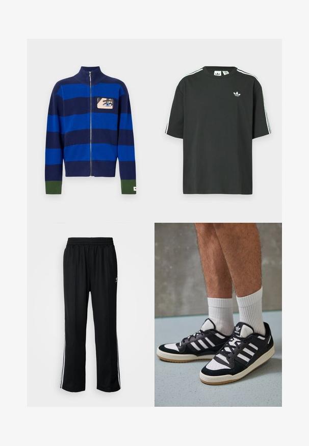 Kék és sötétkék csíkos, cipzáras pulóver magas gallérral, amelyen egy mesebeli szem mintázat látható a mellrészen, zöld díszítéssel a mandzsettákon.; Fekete pamutpóló rövid ujjakkal, kerek nyakkivágással és fehér háromcsíkos mintázattal a vállakon. A mellrészen kis fehér logó található.; Fekete sportnadrág rugalmas derékrésszel, fehér oldalsávokkal és egy kis logóval. Az anyaga lágy és könnyűnek tűnik.; Fekete-fehér tornacipők velúr és bőr felsőrésszel, három fehér csíkkal, perforált orral és gumi talppal.