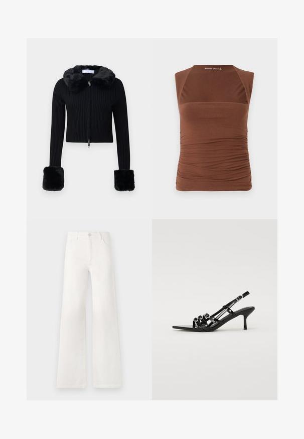 Cardigan preto canelado com fecho éclair, colarinho de pelúcia sintética e punhos grandes de pelúcia sintética combinantes nas mangas longas.; Top castanho sem mangas feito de tecido elástico, com um design justo e textura franzida nas laterais e um acabamento suave na parte frontal.; Jeans brancos, de cintura alta e pernas largas, feitos de denim. Apresentam um fecho de botão, dois bolsos frontais e costuras detalhadas nas laterais.; Shoe preto de salto alto com atilhos, com bico fino, apresentando várias tiras estreitas e detalhes circulares na parte da frente.