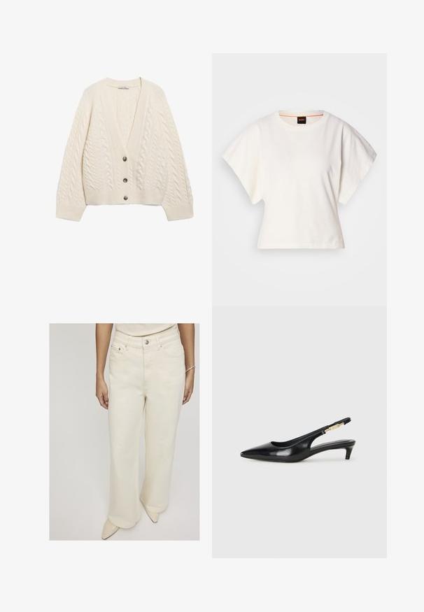 Kreminė megzta kardiganas su V formos iškirpte, pynimo raštu, ilgomis rankovėmis ir penkių mygtukų uždariais priekyje. Minkšta, tekstūruota medžiaga.; Baltas trumpas marškinėliai, plačios trumpomis rankovėmis, minkšta medvilnė, apvali kaklo iškirptė su subtiliu oranžiniu apvadu, minimalus dizainas, be raštų ar grafikų.; Kreminės spalvos plačios kojos džinsai, pagaminti iš džinsinio audinio, su aukštu liemeniu, priekinėmis kišenėmis ir vieno mygtuko uždarymu, užtikrinančiu laisvą prigludimą.; Juodas odinis pavasario batelių modelis su smailiu nosiu, turintis siaurą kulniuką ir auksinės spalvos akcentu reguliuojamoje juostoje. Lygi tekstūra.