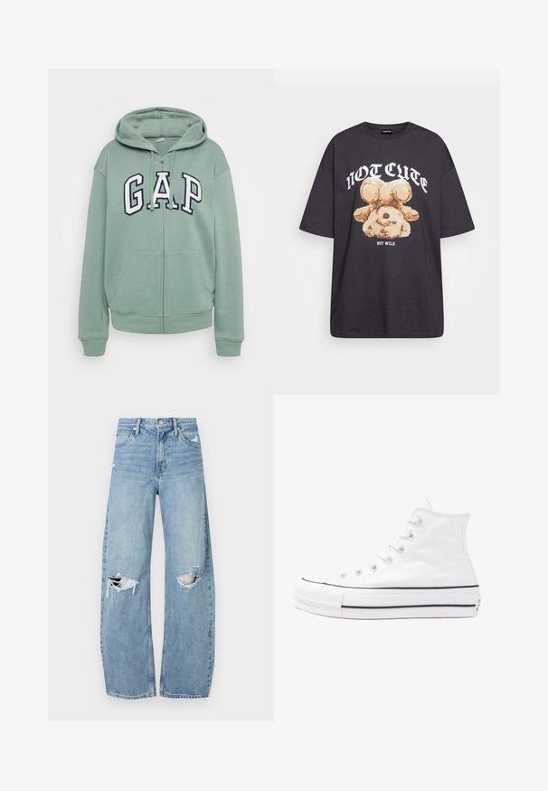 Svetlozelená zippová mikina s kapucňou na šnúrku, predné vrecká a vyšívané logo "GAP" v námornej modrej. Mäkký materiál a rebrované manžety.; Čierne oversized tričko s grafikou medveďa a textom "NIE ROZTOMILÉ ALE DIVOKÉ" v tučnom bielom písmene. Bavlnený materiál.; Svetlomodré, vysoké džínsy vyrobené z denimu. Majú široké nohavice, dve roztrhnuté kolená a klasický päťvreckový strih.; Biele vysoké plátené tenisky s čiernou gumovou podošvou, prednou gumovou špičkou a šiestimi okami na šnúrky, s čistým, minimalistickým dizajnom.