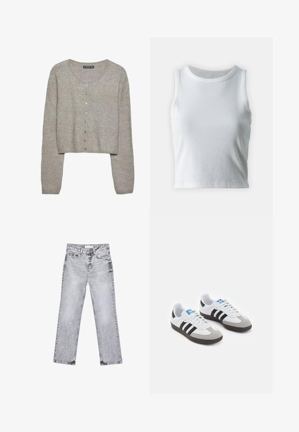 Hellegrau verkürzter Cardigan aus weichem Strick mit langen Ärmeln, rundem Halsausschnitt und sechs metallischen Knöpfen auf der Vorderseite.; Weißes, geripptes Tanktop mit runder Ausschnittform und ärmellosem Design, ausgestattet mit einem geraden Saum und einer glatten, dehnbaren Textur.; Graue Jeans aus Denim mit geradem Bein, mit Used-Effekten, fünf Taschen und kupferfarbenen Nieten. Der Bund verfügt über ein Logoshirt.; Sportschuhe mit einem Obermaterial aus weißem Leder, grauer Wildleder-Zehenkappe und drei schwarzen Streifen. Sie verfügen über ein blaues Logo auf der Zunge und eine strukturierte Gummisohle.