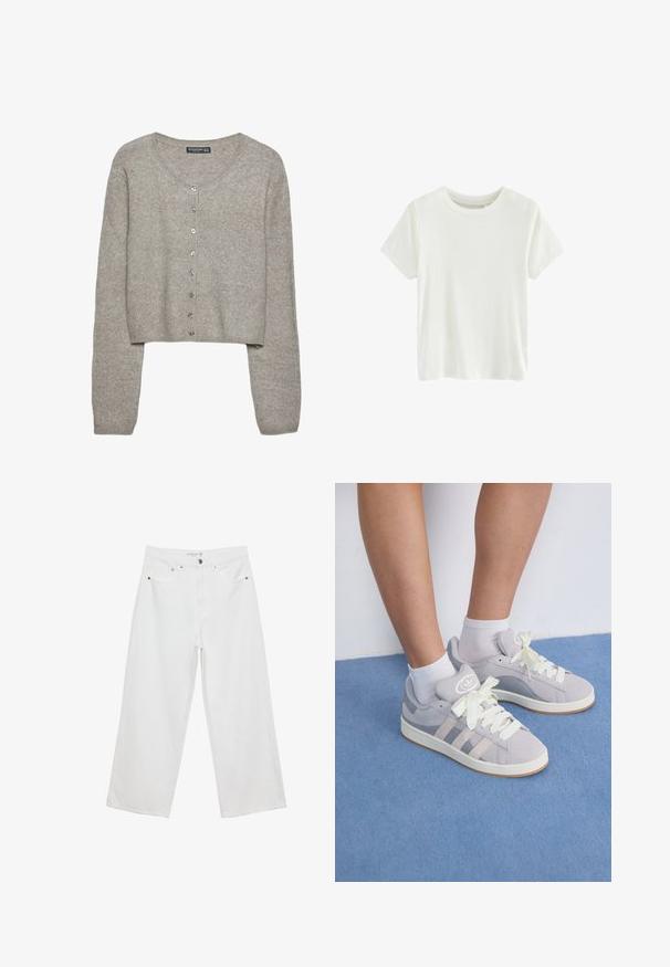 Hellegrau verkürzter Cardigan aus weichem Strick mit langen Ärmeln, rundem Halsausschnitt und sechs metallischen Knöpfen auf der Vorderseite.; Weißes Baumwoll-T-Shirt mit kurzen Ärmeln, rundem Halsausschnitt und glatter, gerippter Textur. Einfaches Design, keine Muster oder Akzente.; Weiße Jeans im weit geschnittenen Design aus Denim mit hoher Taille, ausgestattet mit fünf Taschen und Metallbeschlägen. Glatte Textur, keine sichtbaren Muster.; Graue Wildleder-Sneaker mit weißen Schnürsenkeln und Gummisohle, die drei diagonale Streifen an der Seite und ein Logo-Patch auf der Zunge aufweisen.