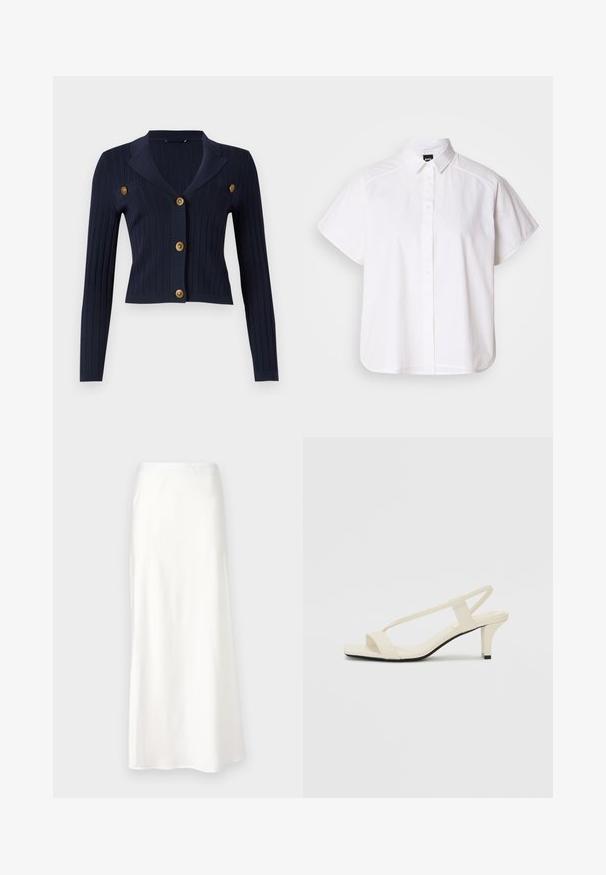 Jūrinės melsvos spalvos ruožuotas megztinis su ilgomis rankovėmis, trumpa forma, išskirtinė apykaklė ir keturi auksiniai sagų akcentai priekyje.; Balta trumpomis rankovėmis marškinėlių su atlenkiamu apykakle ir kreiva apačia. Pagaminta iš medvilnės, su sklandžiu paviršiumi ir be matomų raštų.; Balta satininė sijonas su lygiu paviršiumi, vidutinio ilgio, A formos, su elastine juosta ir be matomų raštų ar puošmenų.; Kreminės blokų kulno šlepetės su plonomis dirželiais ir kvadratiniu pirštu. Lygus medžiaga su minimaliais akcentais, sukurtos lengvam dėvėjimui.