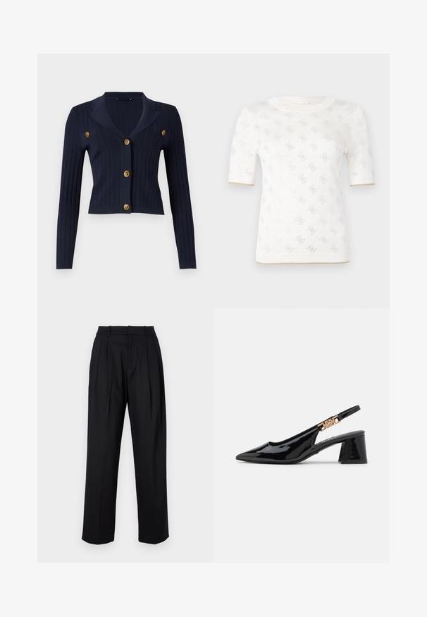 Tumed ribatoodud kardigan pikade varrukatega, lühendatud disainiga, nurgeline krae ja neli kuldset nööbi aktsenti ees.; Kootud valge lühikese varrukaga topp, millel on peene muster, ümmargune kaelus ja kuldne aksent allservas. Tekstuur näib kerge ja hingav.; Mustad püksid elegantse lõikega, kõrge talje, voldid ja sirge jalgade lõikega. Valmistatud siledast kangast ühtlases värvitoonis.; Mustla mustnahk naastuga kingad, millel on terav nina ja kuldse tooni detailid rihmal, sisseehitatud plokknukk. Sujuva tekstuuriga.