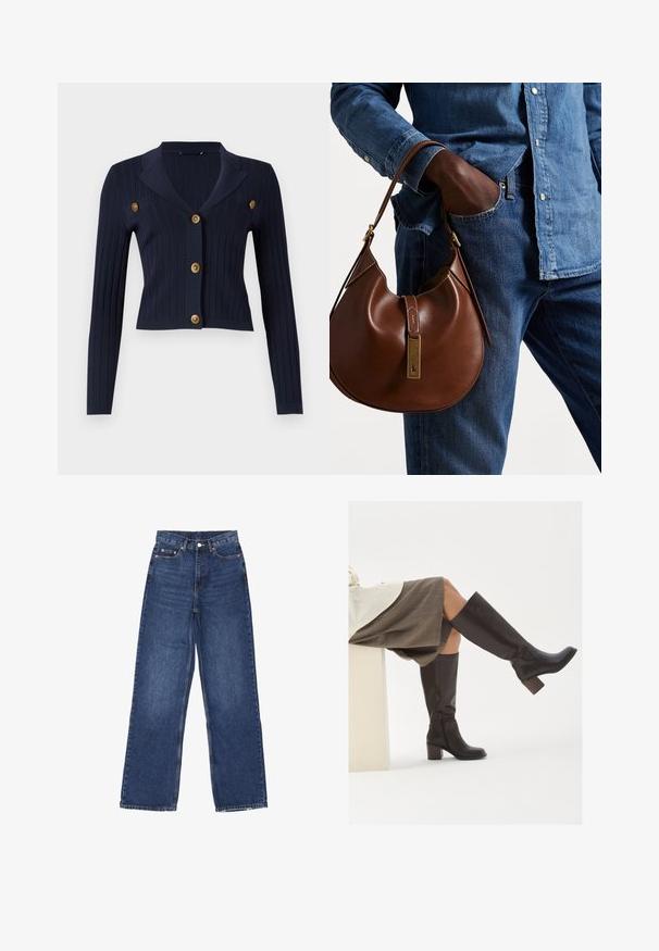 Granatowy kardigan prążkowany z długimi rękawami, krótkim krojem, wykładanym kołnierzem i czterema złotymi guzikami z przodu.; Dwie bezrękawnikowe, prążkowane bluzki z golfem w kolorze brązowym i czarnym, prezentowane na jednolitym białym tle.; Szerokie niebieskie dżinsy z wysokim stanem, z zapięciem na guzik, pięcioma kieszeniami i delikatnym przetarciem na materiale.; Brązowe skórzane kozaki do kolan z kwadratowym czubkiem, grubym obcasem i bocznym zamkiem błyskawicznym. Gładka faktura z polerowanym wykończeniem.; Brązowa skórzana torebka hobo w zaokrąglonym kształcie, z akcentami w złotym kolorze i kontrastowym przeszyciem. Połączona z dżinsową koszulą i spodniami dżinsowymi.