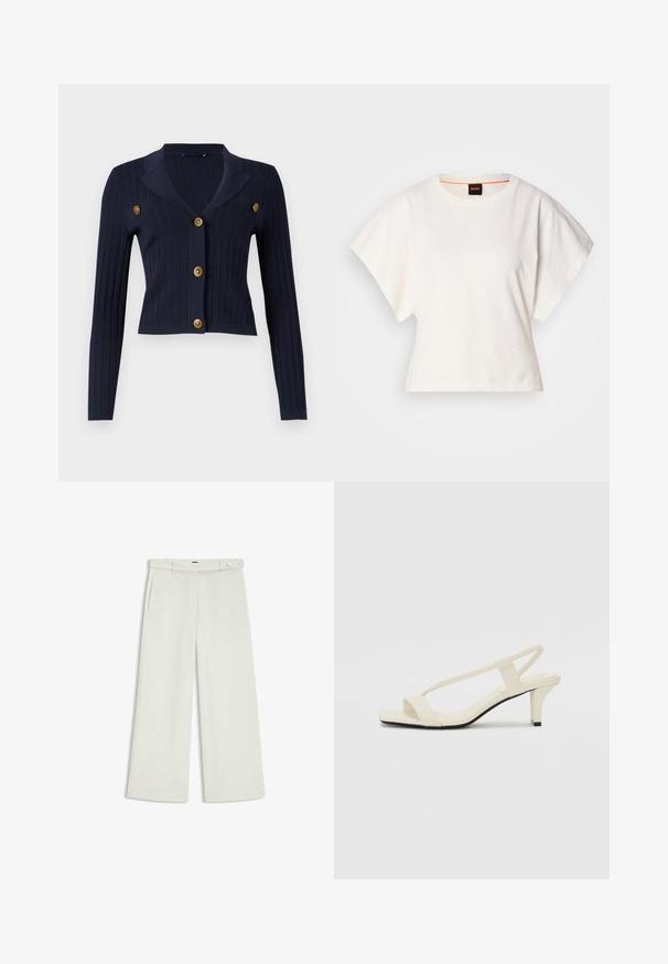Marineblaue gestreifte Strickjacke mit langen Ärmeln, kurzer Passform, mit eingelegtem Kragen und vier goldenen Knopfakzenten auf der Vorderseite.; Weißes, kurzes T-Shirt, kurze weite Ärmel, weicher Baumwollstoff, runder Ausschnitt mit subtilen orangefarbenen Akzenten, minimales Design, keine Muster oder Grafiken.; Weite Hose aus zartem Creme-Stoff, mit seitlichen Taschen, flatem Bund und einer Knopfverschluss an der Taille. Glatte Textur.; Beige Blockabsatzsandalen mit dünnen Riemen und quadrater Spitze. Glattes Material mit minimalem Design, entworfen für einfaches Tragen.