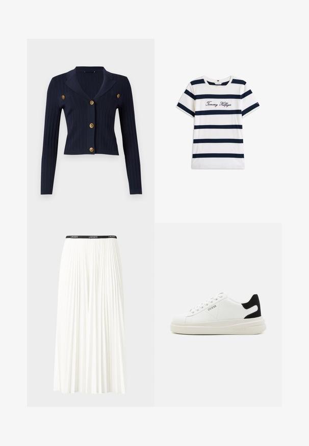 Cardigan a coste navy con maniche lunghe, design corto, colletto a punte e quattro bottoni dorati sulla parte anteriore.; T-shirt in cotone con righe orizzontali blu navy su sfondo bianco. "Tommy Hilfiger" ricamato in corsivo sul petto. Collo a giro.; Gonna bianca plissettata con elastico nero in vita che presenta il logo "LACOSTE". Design di lunghezza media con texture morbida.; Sneaker bianchi in pelle con suola spessa bianca, accento in suede nero sul tallone e logo impresso sul lato. Design con lacci e sei fori per i lacci.