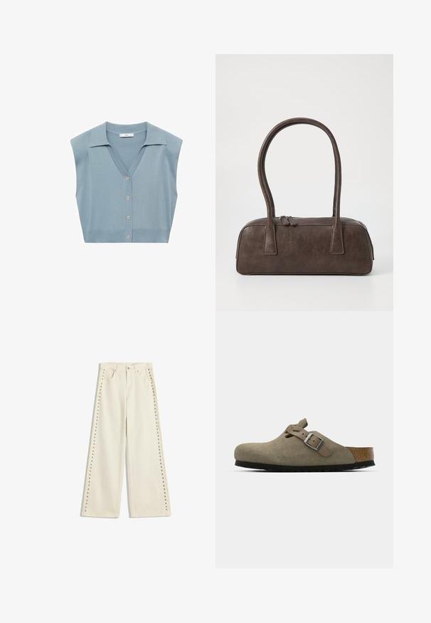 Helles blaues gestricktes ärmelloses Strickjacke mit V-Ausschnitt, Knopfverschluss vorne und Kragen. Glatte Textur und figurbetonter Schnitt.; Schwarzes, langärmliges, figurbetontes T-Shirt mit Rundhalsausschnitt, leicht strukturiert und mit einem kleinen weißen Markenlabel am Hals innen im Kragen.; Helle cremefarbene weit geschnittene Jeans mit Metallnieten entlang der äußeren Nähte, fünf Taschen und einem normalen Knopfverschluss.; Wildleder-Clogs in hellolivgrün mit einer geformten Kork- und Gummisohle. Verfügt über einen Seitenriemen mit einer metallischen Schnalle und einer abgerundeten Zehenpartie.; Braune Lederhandtasche mit zwei stabilen Griffen, rechteckiger Form, glatter Oberfläche und Reißverschluss. Minimalistisches Design ohne sichtbare Muster.