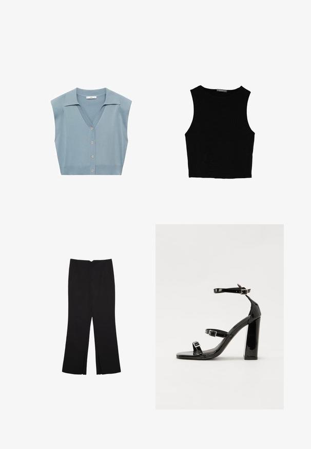 Svetlomodrý pletený bezrukávový kardigán s výstrihom do V, zapínaním na gombíky a golierom. Hladká textúra a priliehavý strih.; Čierny bezrukávový crop top vyrobený z hladkej tkaniny, so zaobleným výstrihom a čistým, jednoduchým dizajnom bez vzorov alebo kovania.; Čierne nohavice so strihom rovného strihu, s prednými vreckami a bočnými rozparkami na leme. Vyrobené z mäkkej, hladkej tkaniny. Vhodné na rôzne príležitosti.; Čierne lakované sandále na podpätku so štvorcovou špičkou, navlečenými remienkami okolo členku a striebornými prackami. Disponujú masívnym blokovým podpätkom pre stabilitu.