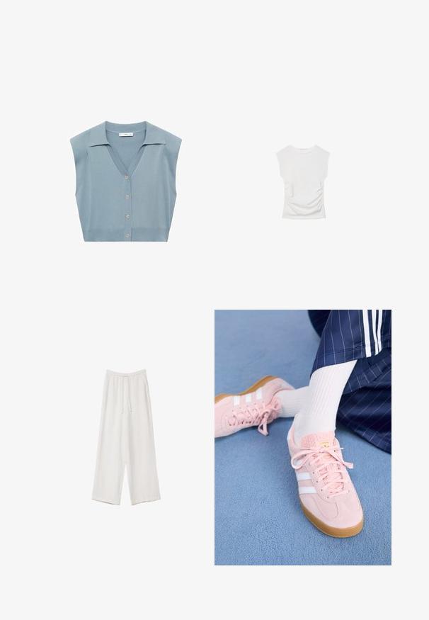 Helles blaues gestricktes ärmelloses Strickjacke mit V-Ausschnitt, Knopfverschluss vorne und Kragen. Glatte Textur und figurbetonter Schnitt.; Weißes Kurzarmoberteil mit Rundhalsausschnitt. Verfügt über geraffte Textur an den Seiten und eine figurbetonte Silhouette, gefertigt aus weichem, dehnbarem Material.; Weiße weit geschnittene Hose aus leichtem Stoff. Mit einem elastischen Bund und Kordelzug sowie Seitentaschen. Glatte Textur.; Hellrosa Wildleder-Sneaker mit weißen Streifen und Schnürsenkeln, ausgestattet mit einer strukturierten Zunge und einer Gummisohle, auf einem blauen Teppich platziert.