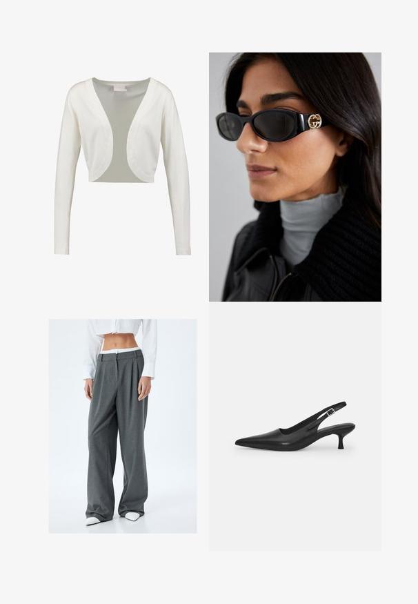 Weißer, kurzer Cardigan mit langen Ärmeln, tiefem V-Ausschnitt und einer glatten Oberfläche. Leichter Stoff mit einem transparenten Rückenpaneel.; Weißes Hemd mit Knopfleiste, spitzen Kragen, langen Ärmeln und kleinem blauen Logo auf der linken Brust. Aus Baumwollstoff gefertigt.; Koton Stoffhose - grey; Schwarzer Leder-Slingback-Schuh mit spitzer Zehenform und schmalem, geschwungenem Absatz. Verfügt über einen unauffälligen verstellbaren Riemen mit einer Metallschnalle.; Schwarze Sonnenbrille mit einem schlanken rechteckigen Rahmen und einem goldenen Logo-Akzent an der Seite. Dunkle Gläser und glänzende Oberfläche sind auffällig.; Schwarze Leder-Schultertasche mit geschwungener Form, einem flachen Tragegurt und einem oberen Reißverschluss. Glatte Textur mit minimalen Hardwaredetails.; Goldfarbene tropfenförmige Ohrringe mit glänzendem Finish, die eine glatte, abgerundete Form und ein Steckverschlussdesign für sicheren Halt aufweisen.