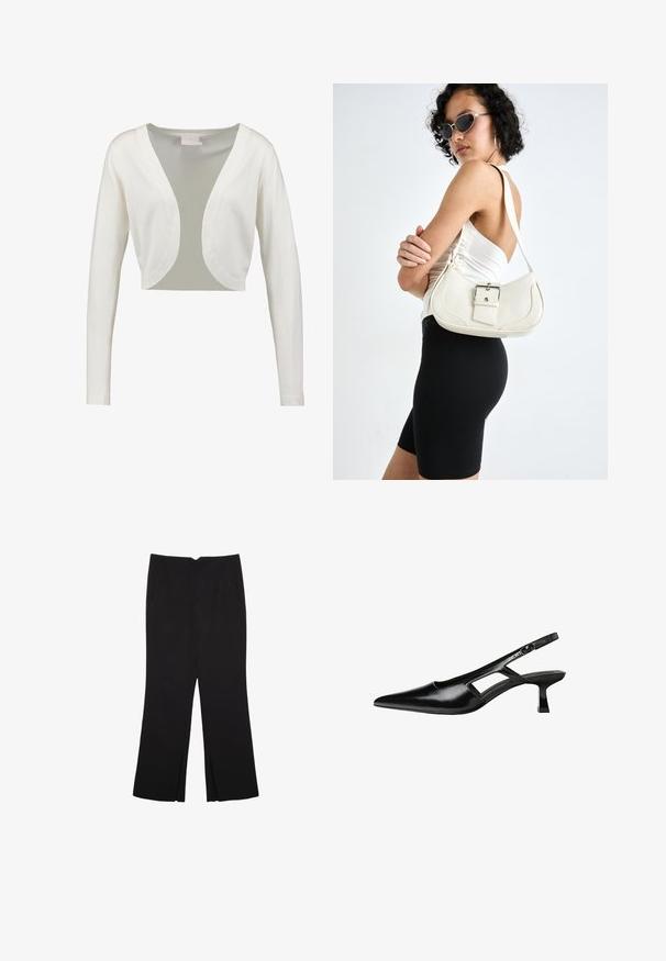 Cardigan bianco, corto, con maniche lunghe, scollatura a V profonda e finitura liscia. Tessuto leggero con un pannello posteriore trasparente.; Top bianco senza maniche con scollatura rotonda. Realizzato in tessuto liscio, presenta una vestibilità rilassata e un design minimalista. Nessun motivo o accentuazione.; Pantaloni neri a gamba dritta, con tasche frontali e spacchi laterali all'orlo. Realizzati in tessuto morbido e liscio. Adatti a diverse occasioni.; Tacchi slingback in pelle verniciata nera con punta affusolata, design con tagli laterali e tacco quadrato piccolo. Texture liscia con dettagli minimi.; Borsa a mano in pelle bianca con forma curvata, tracolla regolabile e un piccolo dettaglio con fibbia. Il modello indossa un outfit nero aderente.