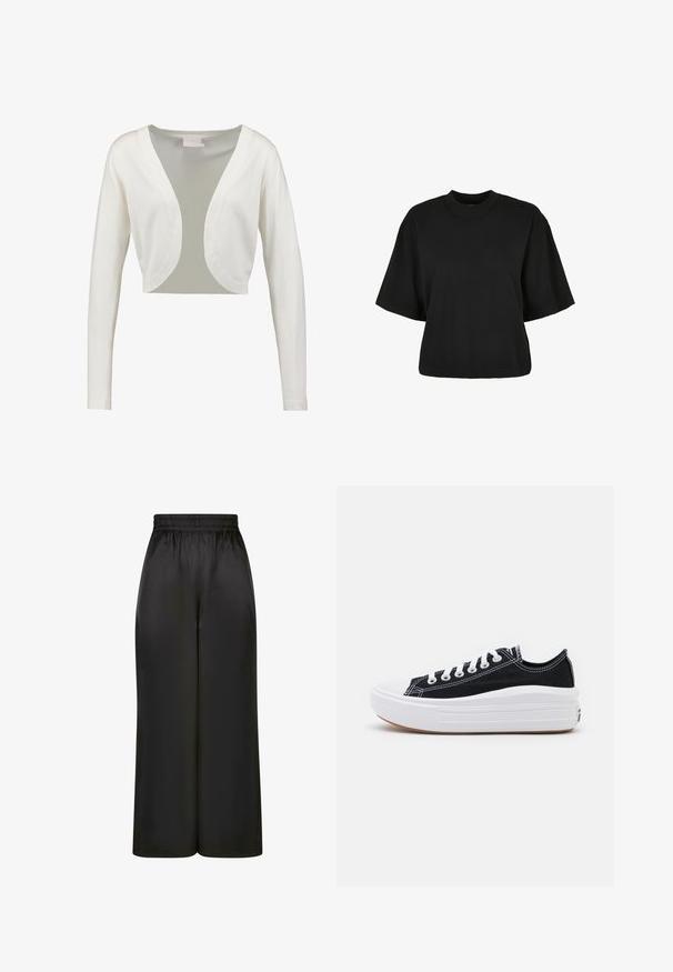 Witte, korte cardigan met lange mouwen, een diepe V-hals en een gladde afwerking. Lichtgewicht stof met een doorschijnend achterpaneel.; Zwart cropped t-shirt van katoen. Heeft korte mouwen en een ronde halslijn. Glad materiaal met een eenvoudig ontwerp, geen extra patronen.; Zwarte wijde broek gemaakt van soepel, glanzend materiaal met een elastische tailleband en zonder zichtbare zakken of hardware-details.; Zwarte canvas sneakers met witte veters, een witte rubberen teenkap en een chunky witte tussenzool. Bevat subtiele witte stiksels en een gumzool.