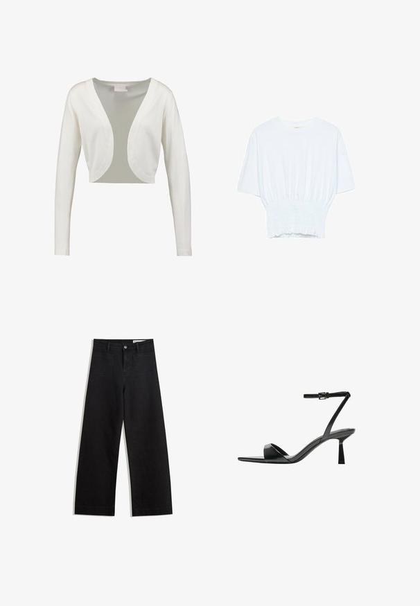 Biały, krótki kardigan z długimi rękawami, głębokim dekoltem w literę V i gładkim wykończeniem. Lekka tkanina z przezroczystą tylną panelą.; Biała koszulka z krótkim rękawem o luźnym kroju i marszczonym wykończeniu w talii. Wykonana z miękkiego, lekkiego materiału.; Czarne dżinsowe spodnie o szerokich nogawkach i wysokim stanie, z przednimi i tylnymi kieszeniami, przeszyciami oraz zapięciem na guziki. Gładka struktura.; Bershka - Sandały na obcasie