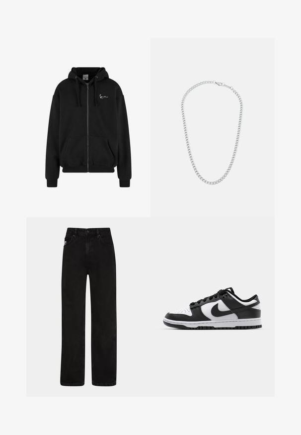 Čierna zipsová mikina vyrobená z mäkkého materiálu, s klokankou, rebrovanými manžetami, kapucňou s šnúrkami a malým bielym logom na hrudi.; Čierne bavlnené tričko s krátkymi rukávmi, okrúhlym výstrihom a bielym podpisovým logom potlačeným na prednej strane. Hladká textura a voľný strih.; Čierne džíny z denimu so strihom rovného nohavice, obsahujúce predné vrecká, zapínanie na gombík a jemnú nášivku loga na páse.; Čierno-biele tenisky Nike Dunk s koženým vrchom, perforovanou špičkou, čiernymi šnúrkami a čiernou gumovou podrážkou s dezénom.; Strieborný kovový náhrdelník z retiazky s prepojenými článkami a bezpečnou sponou, hladký povrch, rovnomerný finiš a klasický dizajn.