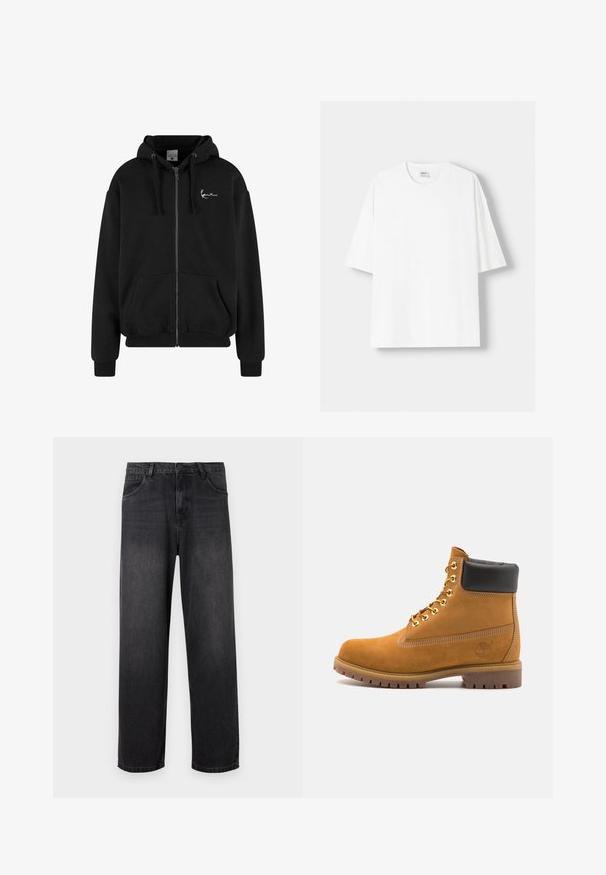 Svart zip-up hoodie i mjukt material, med en känguruficka, ribbad mudd, huva med dragsko och en liten vit logotyp på bröstet.; Vit t-shirt med kort ärm, tillverkad av bomull, med rund halsringning och en avslappnad passform. Slät yta utan synliga mönster eller detaljer.; Mörkgrå denimjeans med rak bendesign, som har dragkedja, fem fickor och subtila blekningsdetaljer på tyget.; Tan mockasins ankelstövlar med svart vadderad krage, guldmetallöglor, vit sömdekor och slitstöt gummisula med utmärkta mönster.