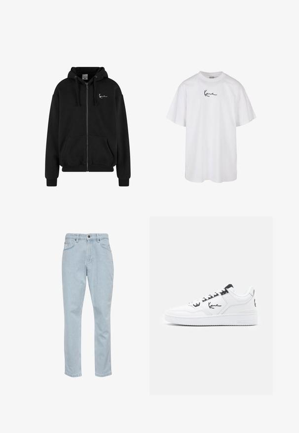 Črna zip-up kapuca iz mehkega materiala, ki ima kenguru žep, rebraste manšete, kapuco s vrvicami in majhno belo logo na prsih.; Bela bombažna majica z okroglo izreznico in kratkimi rokavi, s črnim vezenim logotipom, ki je osredotočen na prsih.; Svijetloplavi traperice s ravnim nogavicama, pet džepova i metalnim dugmetom za zatvaranje. Glatka tekstura i blagi detalji izbljeđivanja.; Bele bele tene z usnjene z črnimi poudarki, z značilno logotipom na strani, okroglo konico in strukturirano gumijasto podplat.