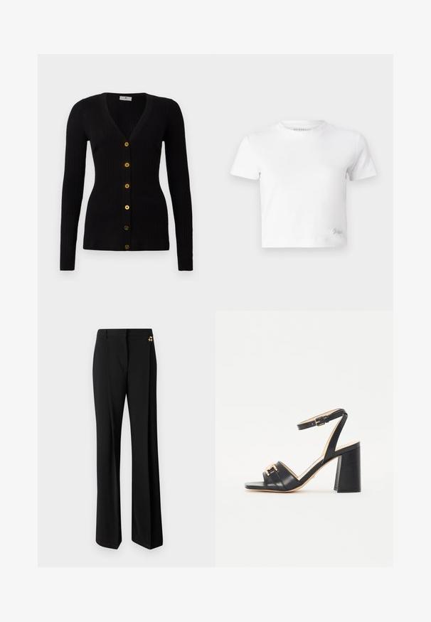 Fekete bordázott kardigán V nyakú szabással és hosszú ujjal. Hat arany gomb található az elején, és testhez simuló fazonú.; Fehér, rövid szabású, sima pamut póló, magas nyakkivágással és rövid ujjakkal. Kicsi hímzett logó az alsó sarokban.; Fekete, széles szárú nadrág sima anyagból, szabott kialakítással, aranyszínű részletekkel a derékrészen.; Fekete magas sarkú szandál, sima bőrből készült, négyzetes orral, bokapánttal és aranyszínű díszítéssel a frontján.