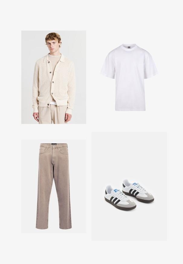 Helle beige Strickjacke mit einem strukturierten Muster, großen Knöpfen und einem Kragen, kombiniert mit einem cremigen Oberteil darunter.; Weißes Baumwoll-T-Shirt mit Rundhalsausschnitt, kurzen Ärmeln und lockerer Passform. Hat ein schlichtes Design ohne Muster oder Akzente.; Beige gerade geschnittene Jeans aus Denim, mit einem klassischen Fünf-Taschen-Design, genähten Akzenten und einem sauberen Saumfinish.; Sportschuhe mit einem Obermaterial aus weißem Leder, grauer Wildleder-Zehenkappe und drei schwarzen Streifen. Sie verfügen über ein blaues Logo auf der Zunge und eine strukturierte Gummisohle.
